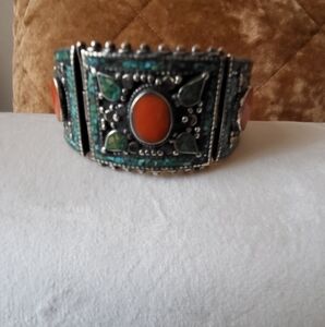Genuine Turquoise and Coral Tibetan Cuff Bracelt